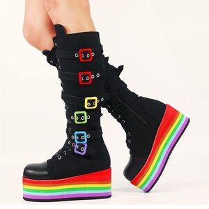 Erocalli Platform Rainbow Boots Goth for Women Chunky Heeled Combat Knee High